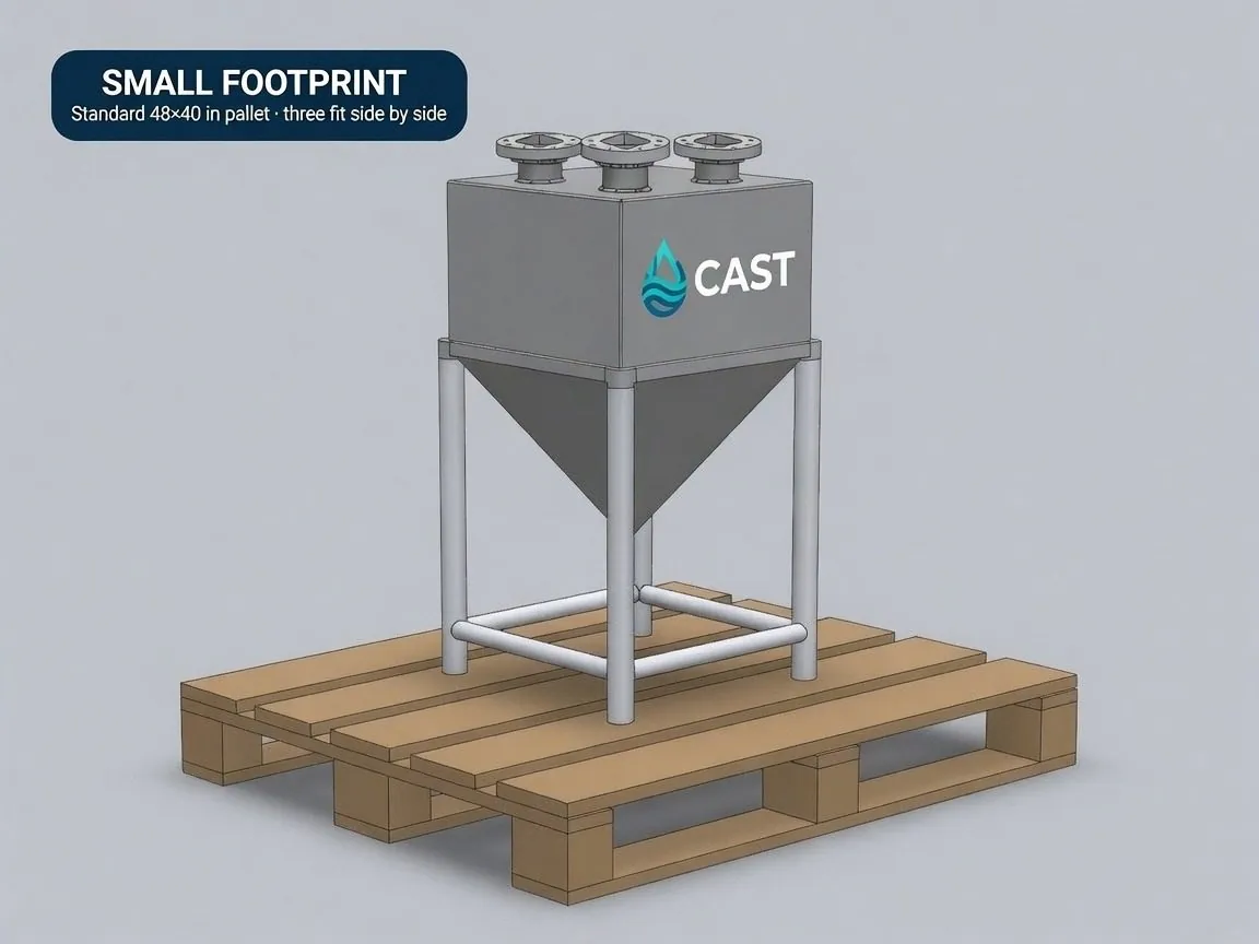 Engineering illustration — single CAST module on metal stand; three top flanges, pointed hopper; shipping scale is three per 48×40 in pallet